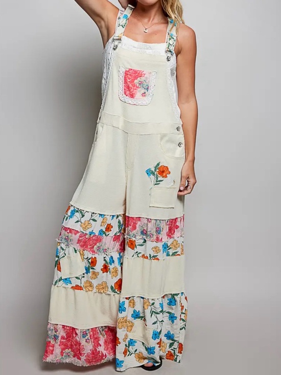 POL Pants - POL brand Boho Floral Patchwork Cream Wide-Leg Overalls
